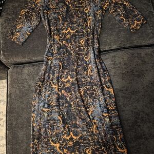 Peruvian Connection Artistic Black and Orange Midi Dress